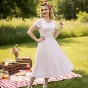 Lintico Alexa 100% Linen V Neck Swing Dress Light Pink Womens M Fit & Flare 50s